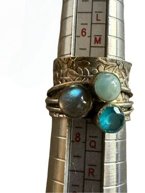Silver Triple Stone Ring with Blue, Aqua, and Gray Gemstones